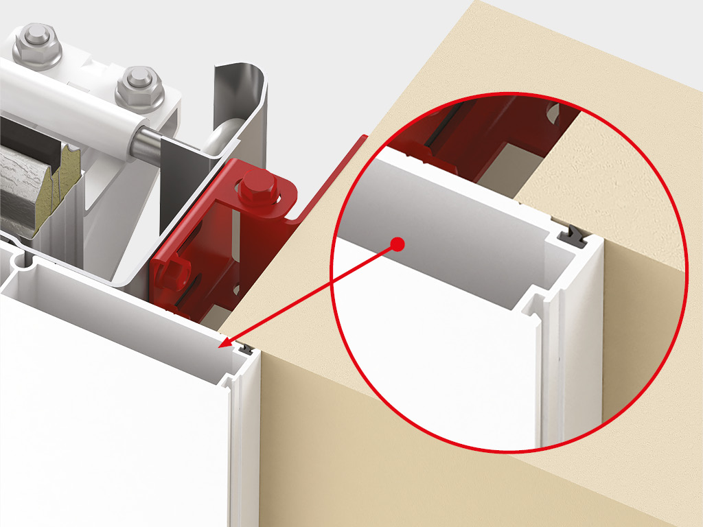 O‘rnatishning ichki montaji (yon devorlar mavjud bo‘lmaganda, yopishtirilgan tarzda): yuk ko‘taruvchi qirra teshikka yopishtirilgan tarzda o‘rnatiladi (20 mm). Shundan so‘ng, unga yo‘naltiruvchi tizim o‘rnatiladi. Sozlanadigan kranşteynlar tizimi devorlarning notekisliklarini tekislash imkonini beradi. Yuk ko‘taruvchi qirra jozibali ko‘rinishga ega bo‘lib, RAL 9003 (oq) yoki RAL 8014 (qahva) ranglariga bo‘yaladi.